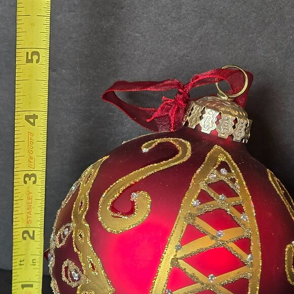 Frontgate Red Glass Christmas Ornaments Set Of 2 Gold Jeweled Scroll Design 4" - Picture 6 of 7